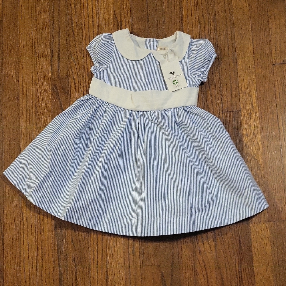 Hope & Henry Blue and White Puff Sleeve Sundress with Peter Pan Collar